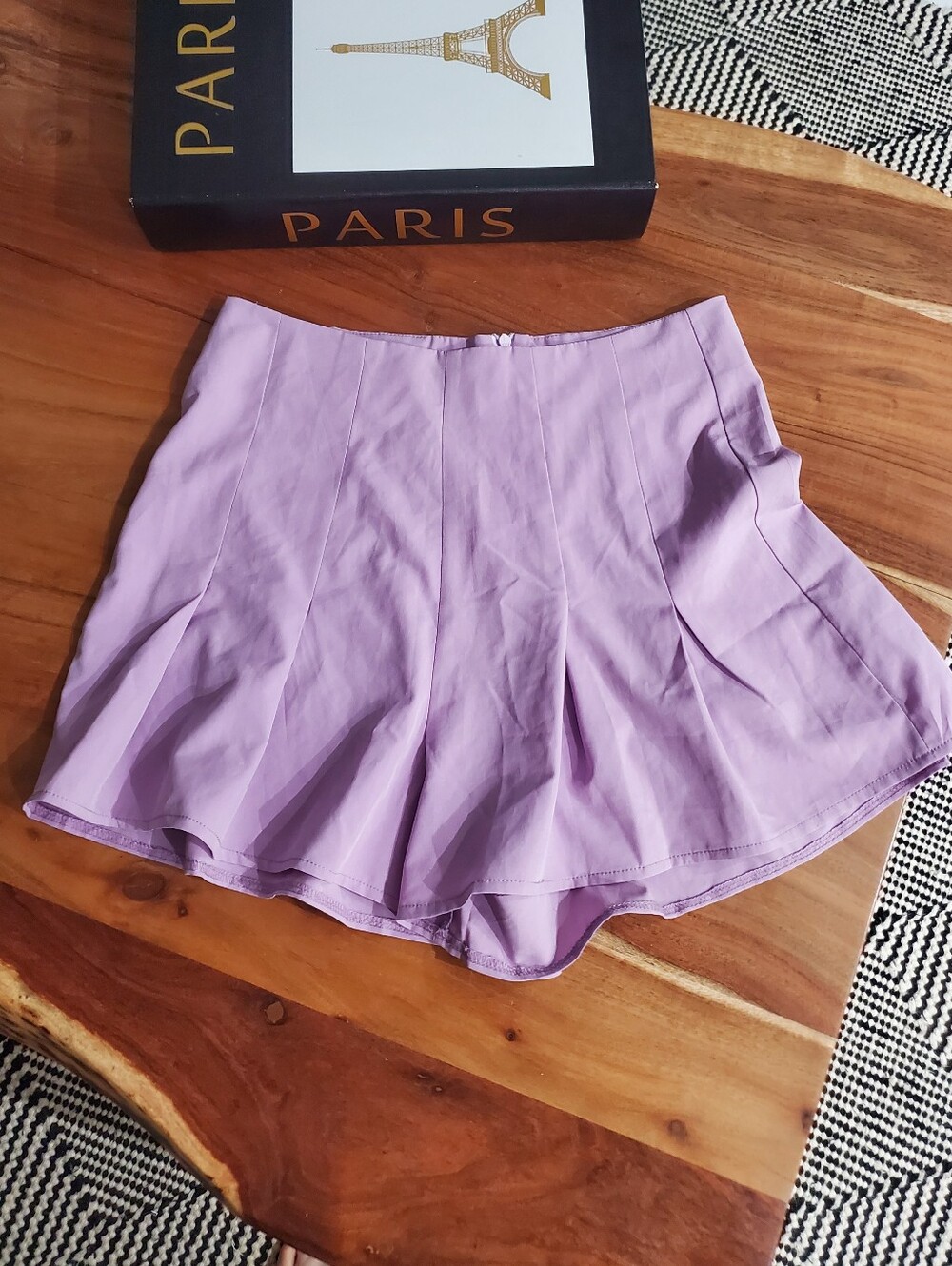 Lilac Pleated High-Waist Flare Shorts